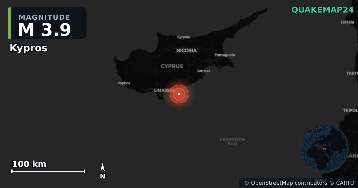 M3.9 earthquake near Kypros on Sep 6, 2025 — map of epicenter and shaking intensity | QuakeMap24