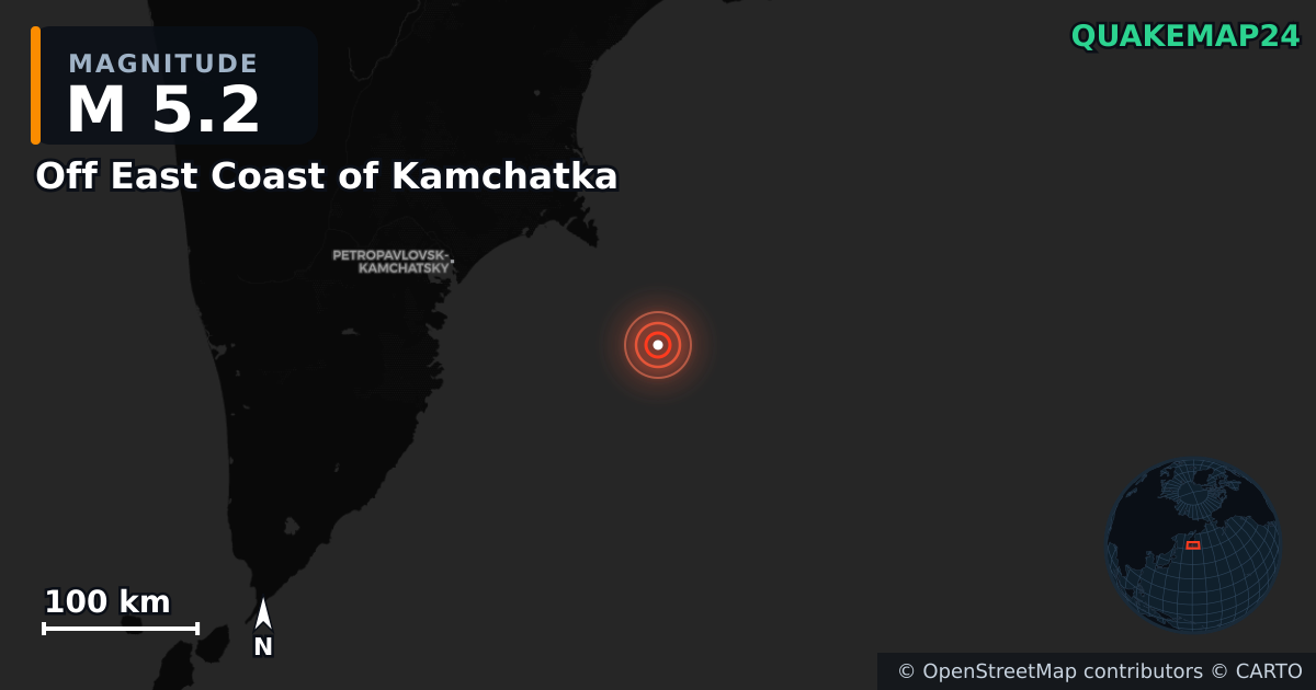 M5.2 earthquake near Off East Coast of Kamchatka on Jul 30, 2025 — map of epicenter and shaking intensity | QuakeMap24
