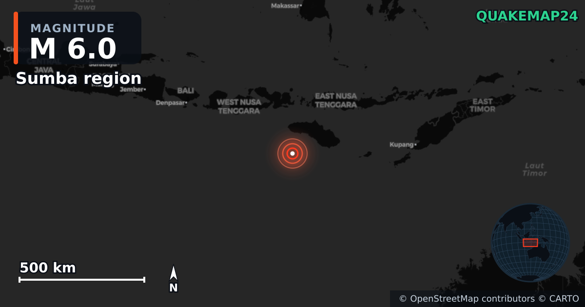 M6.0 earthquake near Sumba region on May 5, 2026 — map of epicenter and shaking intensity | QuakeMap24