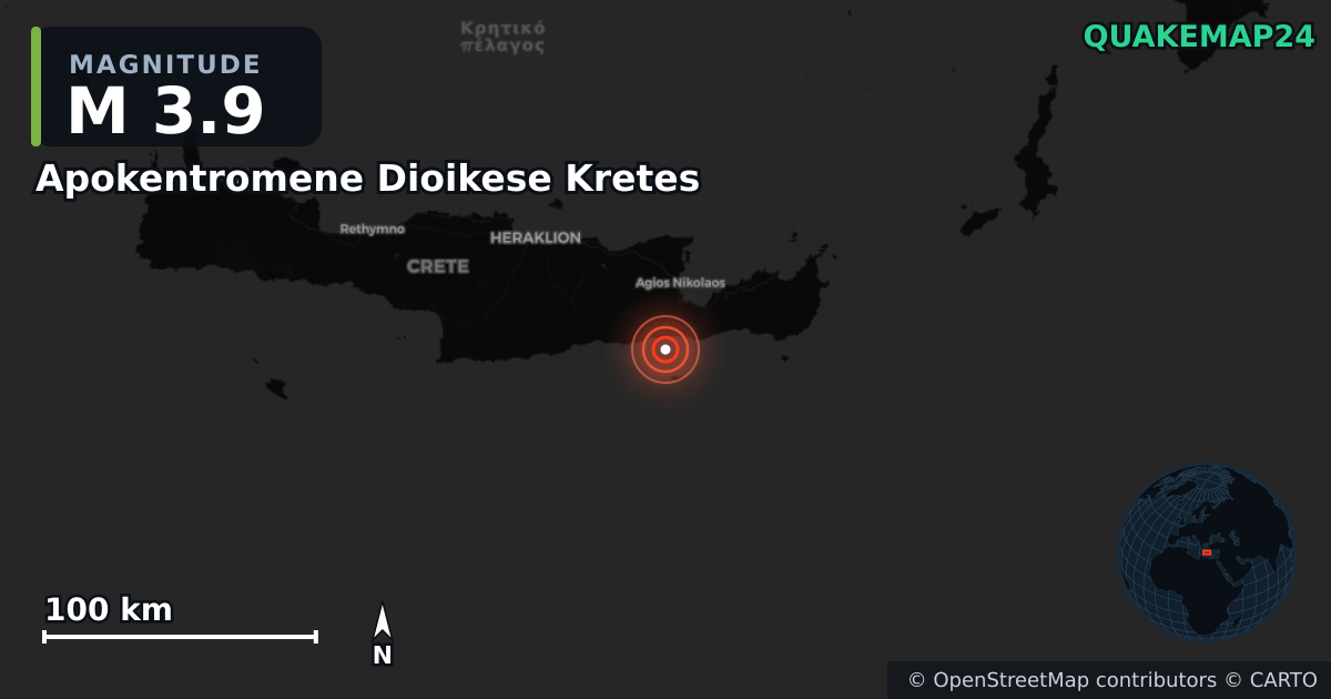 M3.9 earthquake near Apokentromene Dioikese Kretes on Jul 31, 2025 — map of epicenter and shaking intensity | QuakeMap24