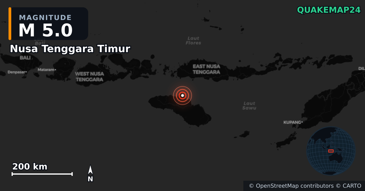 M5.0 earthquake near Nusa Tenggara Timur on Oct 20, 2025 — map of epicenter and shaking intensity | QuakeMap24