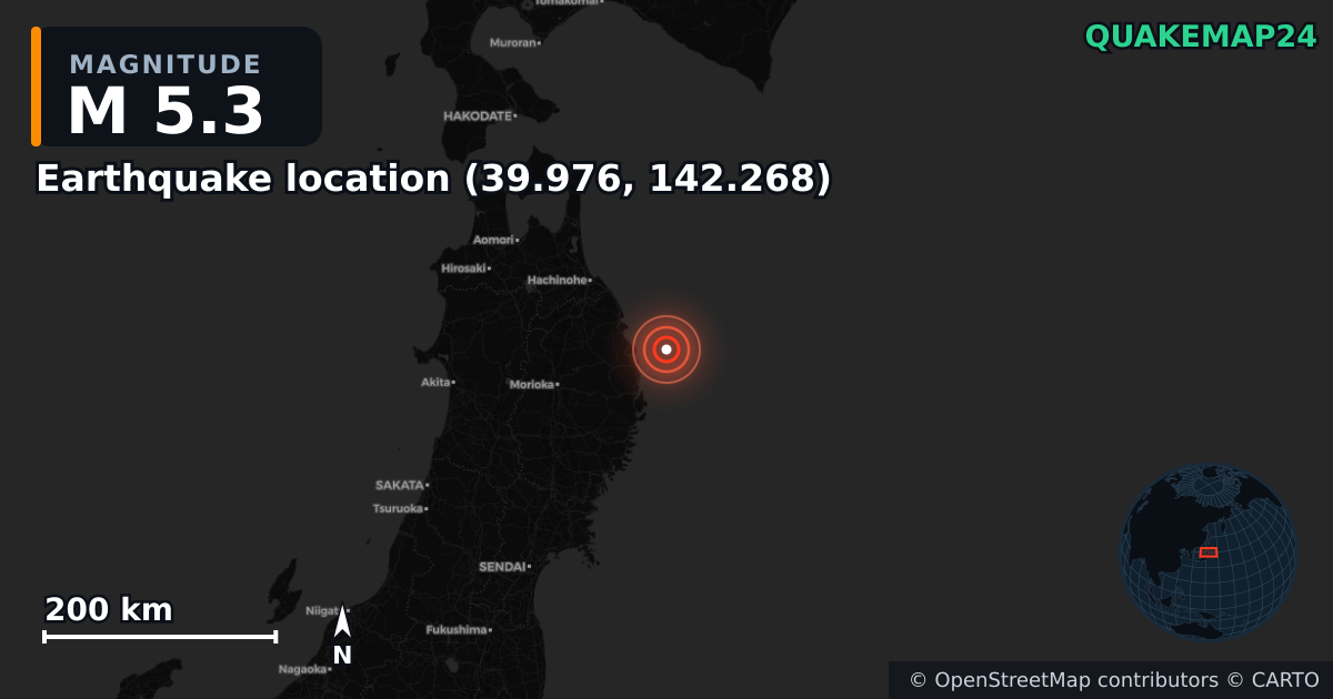 M5.3 earthquake near Deprem konumu (39.976, 142.268) on Apr 26, 2026 — map of epicenter and shaking intensity | QuakeMap24