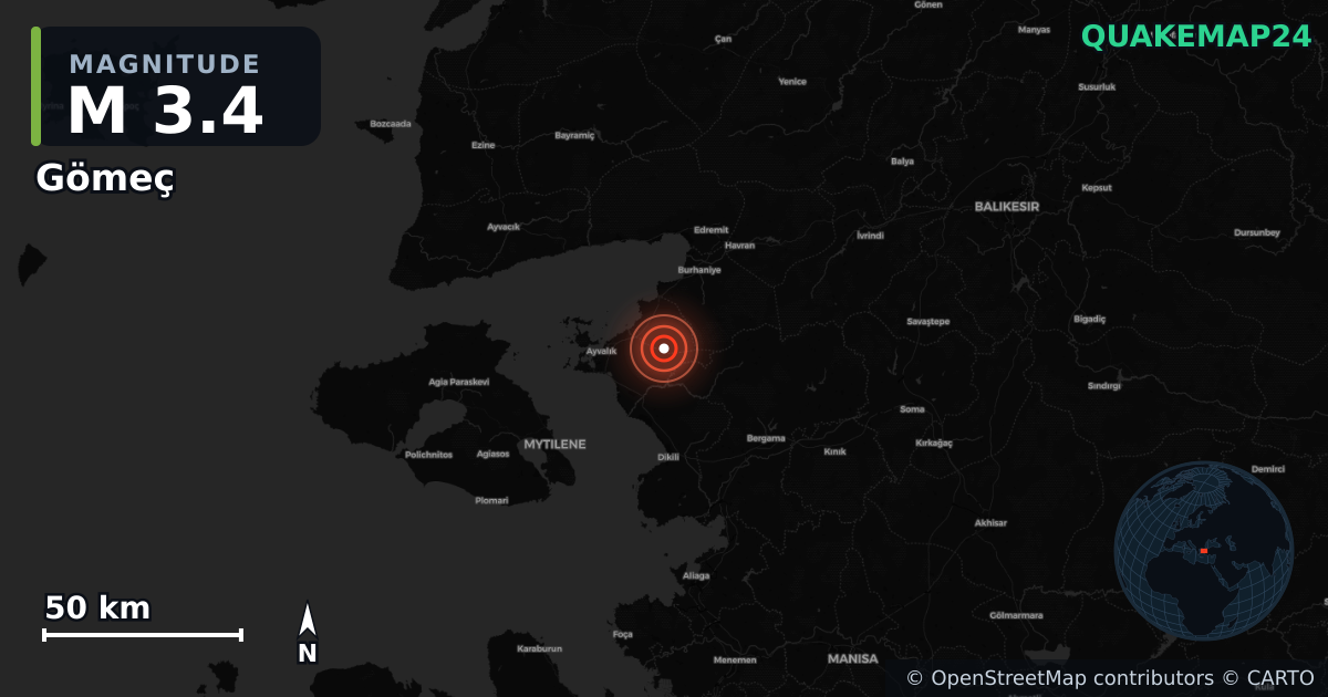M3.4 earthquake near Gömeç on Sep 20, 2025 — map of epicenter and shaking intensity | QuakeMap24