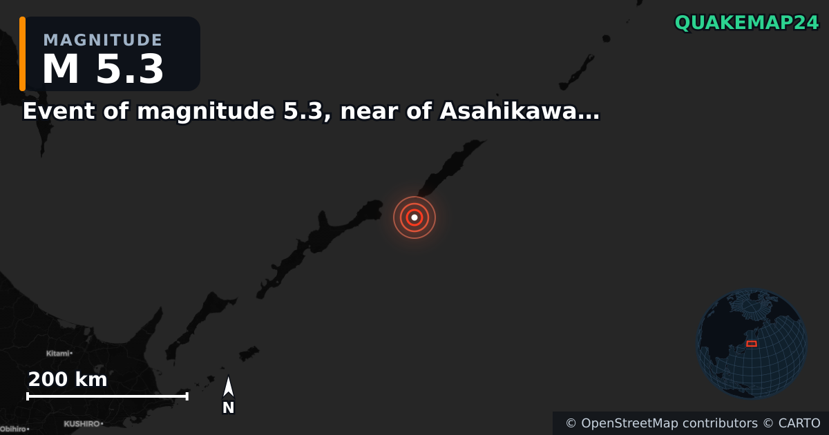 M5.3 earthquake near Event of magnitude 5.3, near of Asahikawa (Monde) on Oct 7, 2025 — map of epicenter and shaking intensity | QuakeMap24