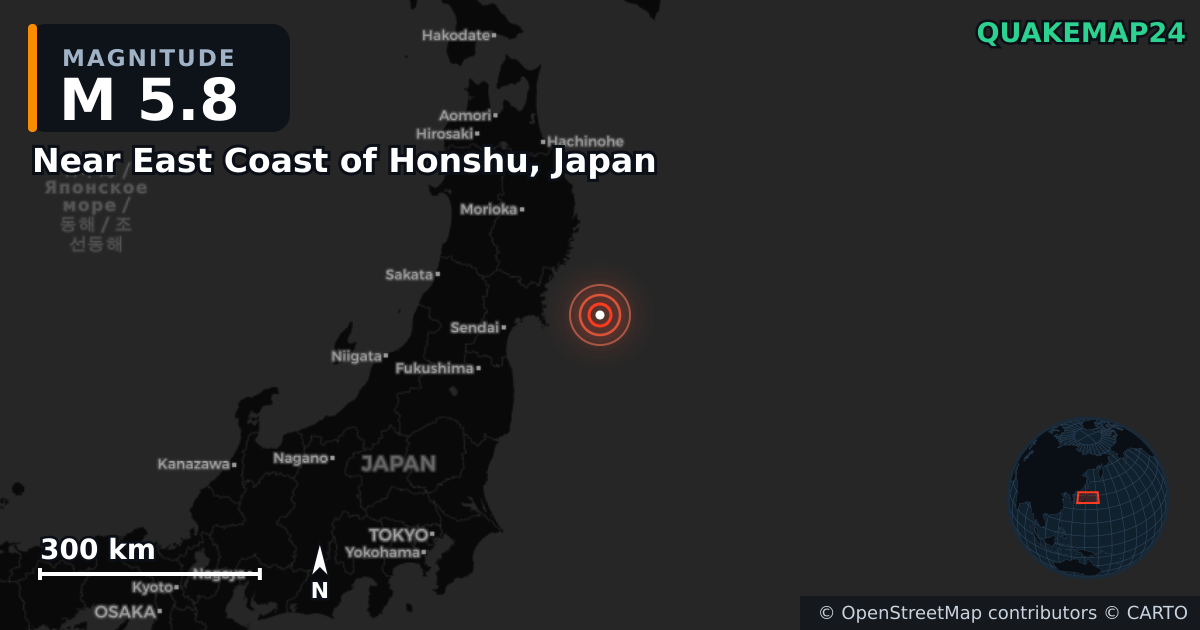 M5.8 earthquake near Near East Coast of Honshu, Japan on Aug 29, 2025 — map of epicenter and shaking intensity | QuakeMap24