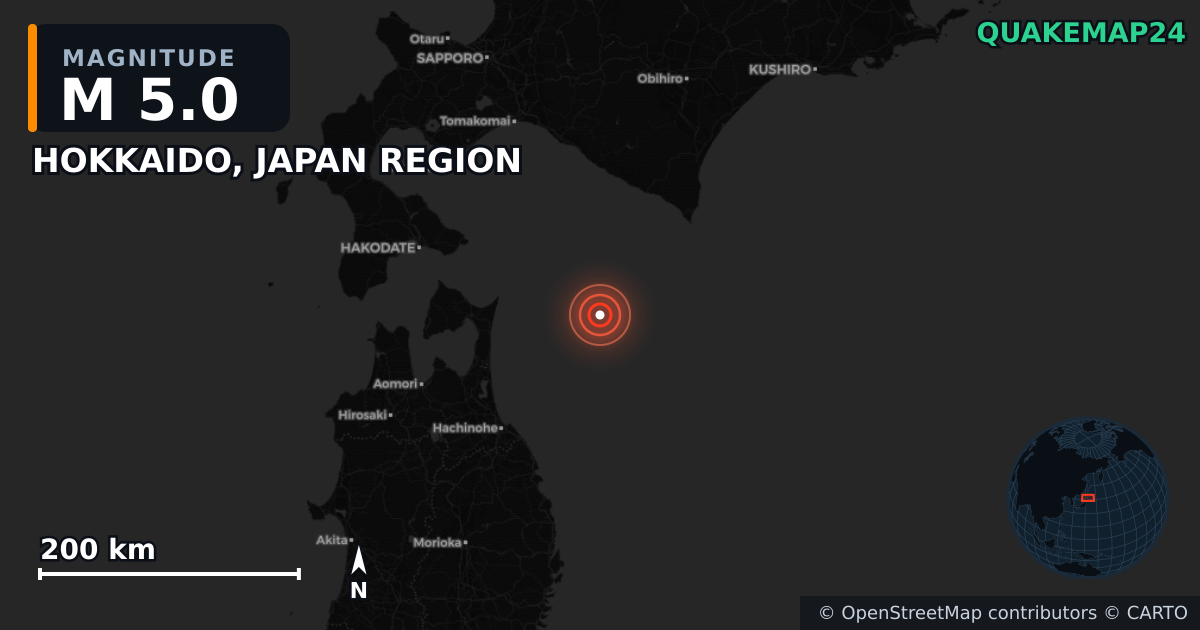 M5.0 earthquake near HOKKAIDO, JAPAN REGION on Dec 17, 2025 — map of epicenter and shaking intensity | QuakeMap24