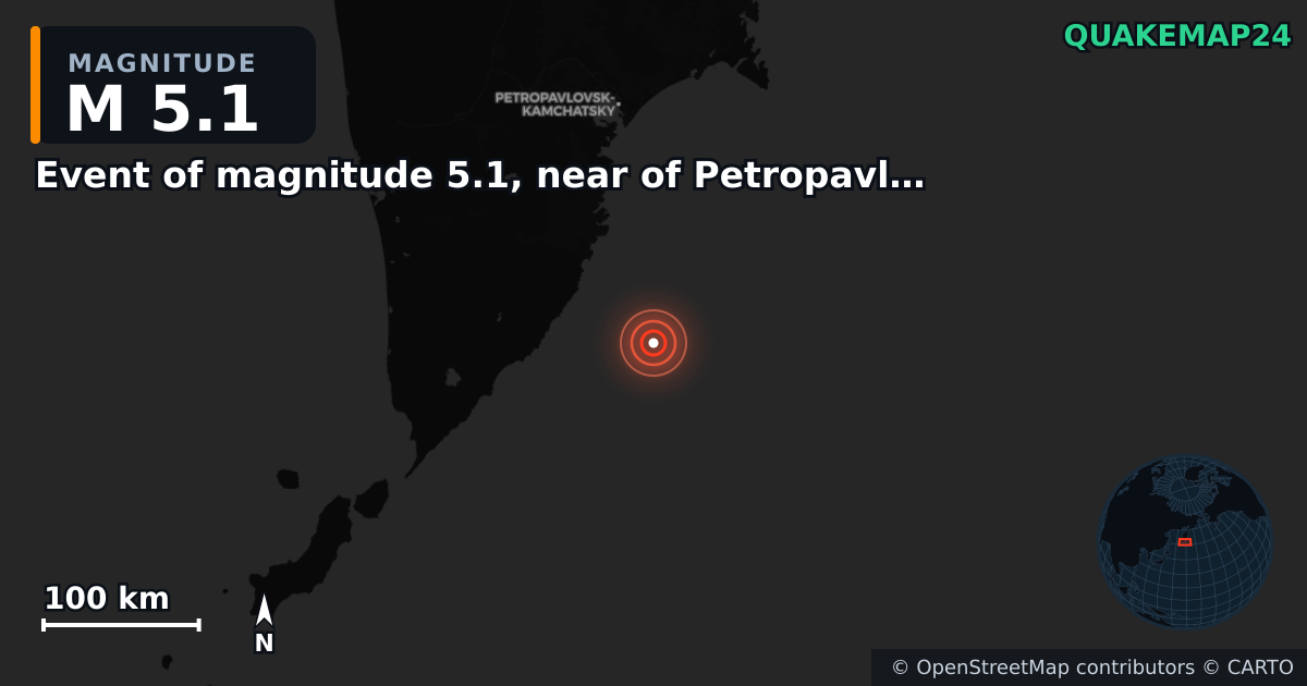 M5.1 earthquake near Event of magnitude 5.1, near of Petropavlovsk Kamchatskiy (Monde) on Sep 22, 2025 — map of epicenter and shaking intensity | QuakeMap24