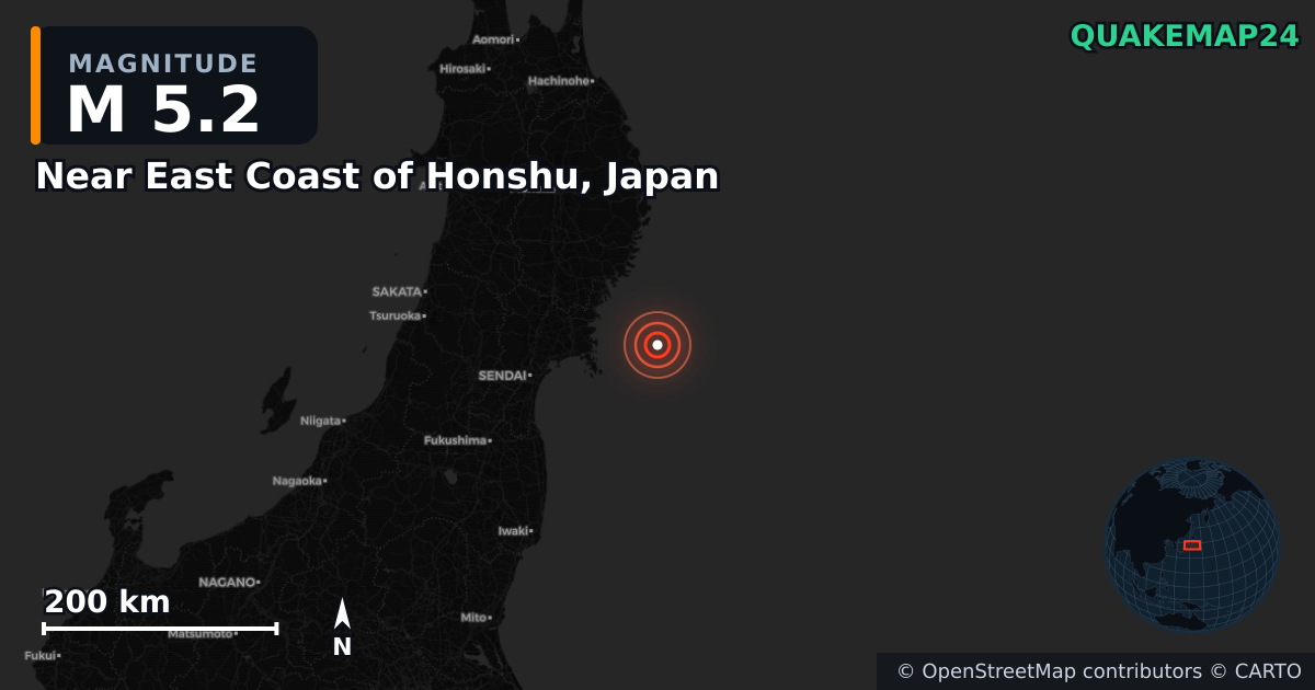 M5.2 earthquake near Near East Coast of Honshu, Japan on Aug 21, 2025 — map of epicenter and shaking intensity | QuakeMap24