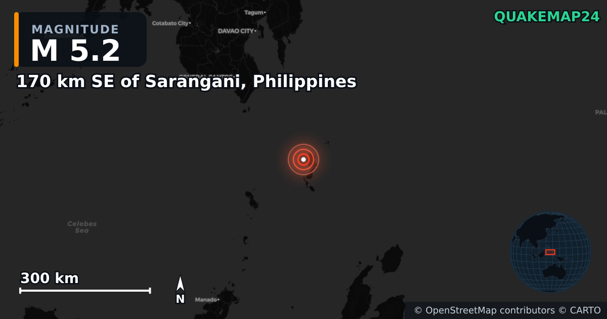 M5.2 earthquake near 170 km SE of Sarangani, Philippines on Feb 6, 2025 — map of epicenter and shaking intensity | QuakeMap24