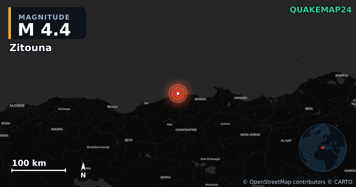 M4.4 earthquake near Zitouna on Jul 30, 2026 — map of epicenter and shaking intensity | QuakeMap24