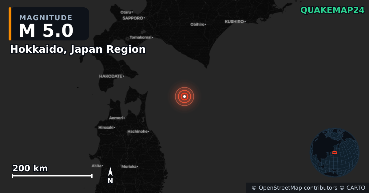 M5.0 earthquake near Hokkaido, Japan Region on Dec 14, 2025 — map of epicenter and shaking intensity | QuakeMap24