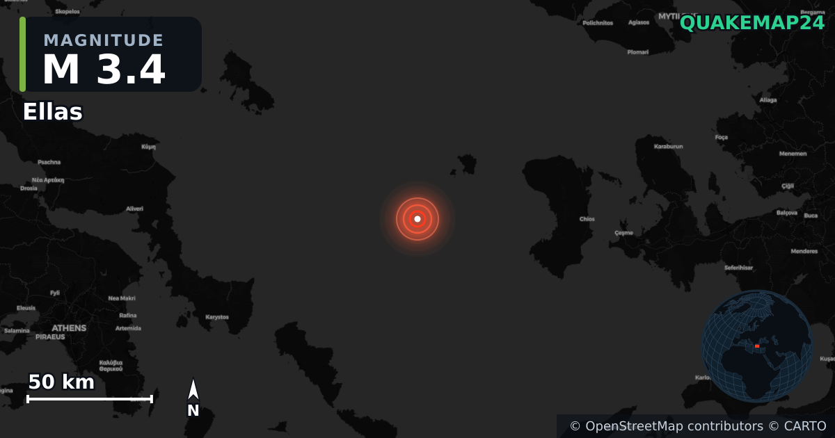 M3.4 earthquake near Ellas on Jan 12, 2026 — map of epicenter and shaking intensity | QuakeMap24