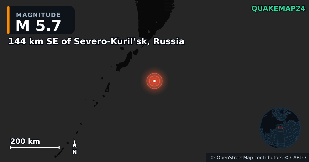 M5.7 earthquake near 144 km SE of Severo-Kuril’sk, Russia on Jul 30, 2025 — map of epicenter and shaking intensity | QuakeMap24