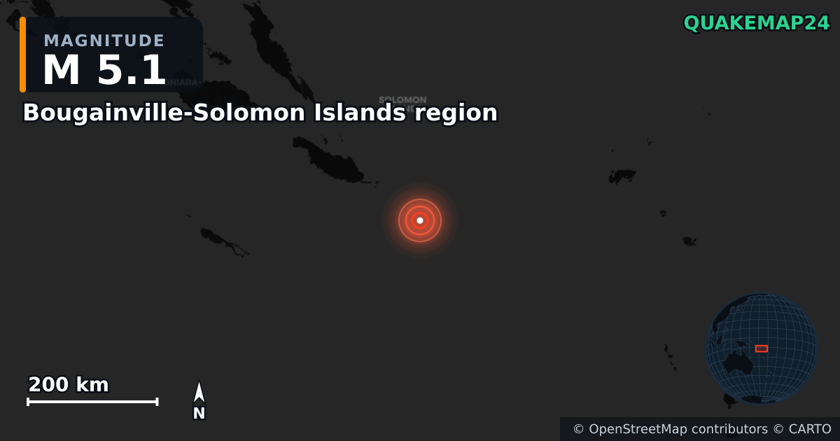 M5.1 earthquake near Bougainville-Solomon Islands region on Apr 15, 2026 — map of epicenter and shaking intensity | QuakeMap24