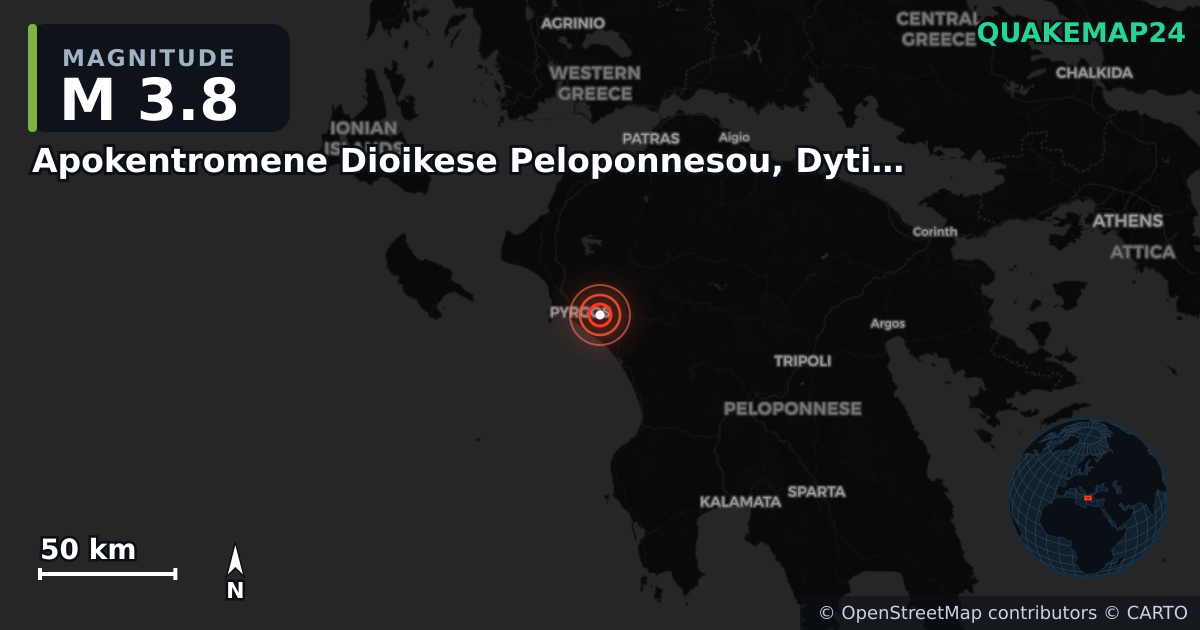 M3.8 earthquake near Apokentromene Dioikese Peloponnesou, Dytikes Elladas kai Ioniou on Jul 8, 2025 — map of epicenter and shaking intensity | QuakeMap24