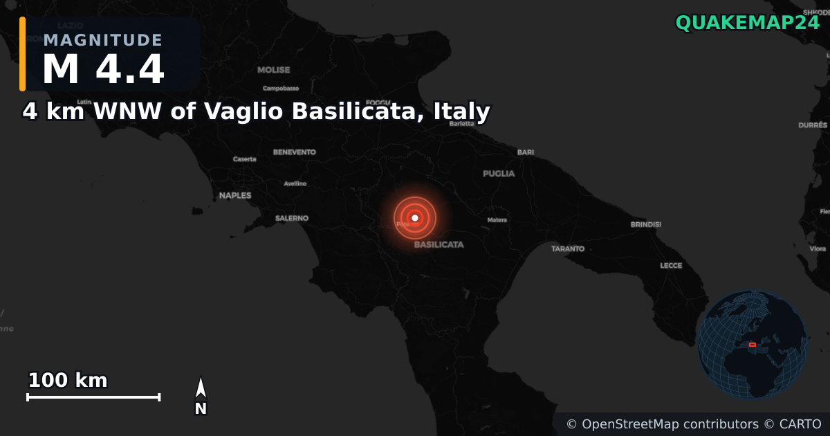 M4.4 earthquake near 4 km WNW of Vaglio Basilicata, Italy on Mar 18, 2025 — map of epicenter and shaking intensity | QuakeMap24