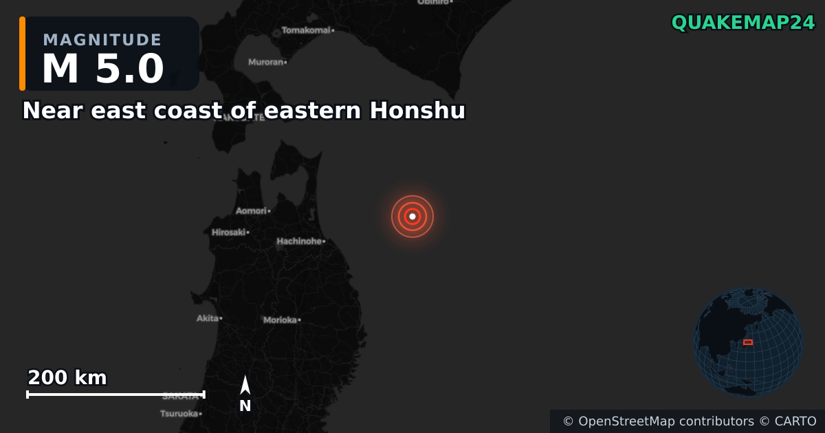M5.0 earthquake near Near east coast of eastern Honshu on Mar 26, 2026 — map of epicenter and shaking intensity | QuakeMap24