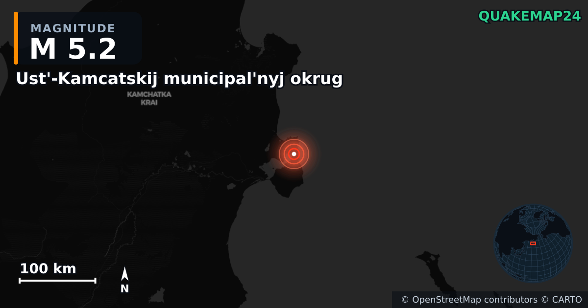 M5.2 earthquake near Ust'-Kamcatskij municipal'nyj okrug on Jan 16, 2026 — map of epicenter and shaking intensity | QuakeMap24
