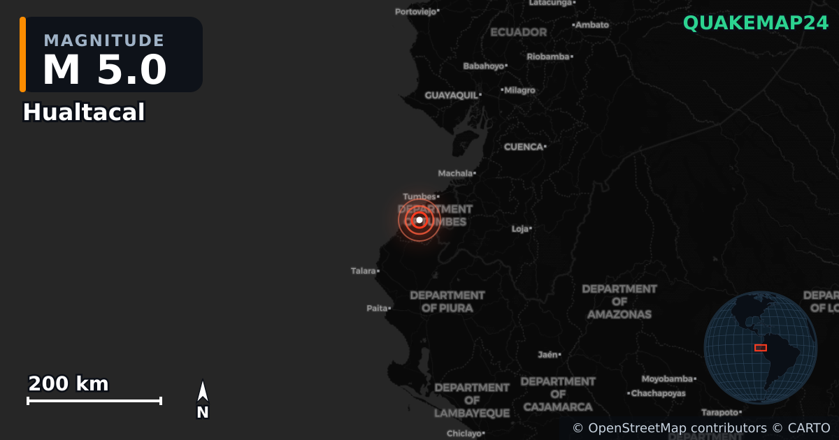 M5.0 earthquake near Hualtacal on May 11, 2025 — map of epicenter and shaking intensity | QuakeMap24