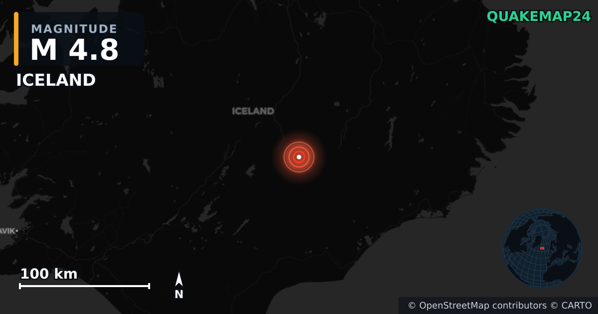 M4.8 earthquake near ICELAND on Jan 1, 2026 — map of epicenter and shaking intensity | QuakeMap24