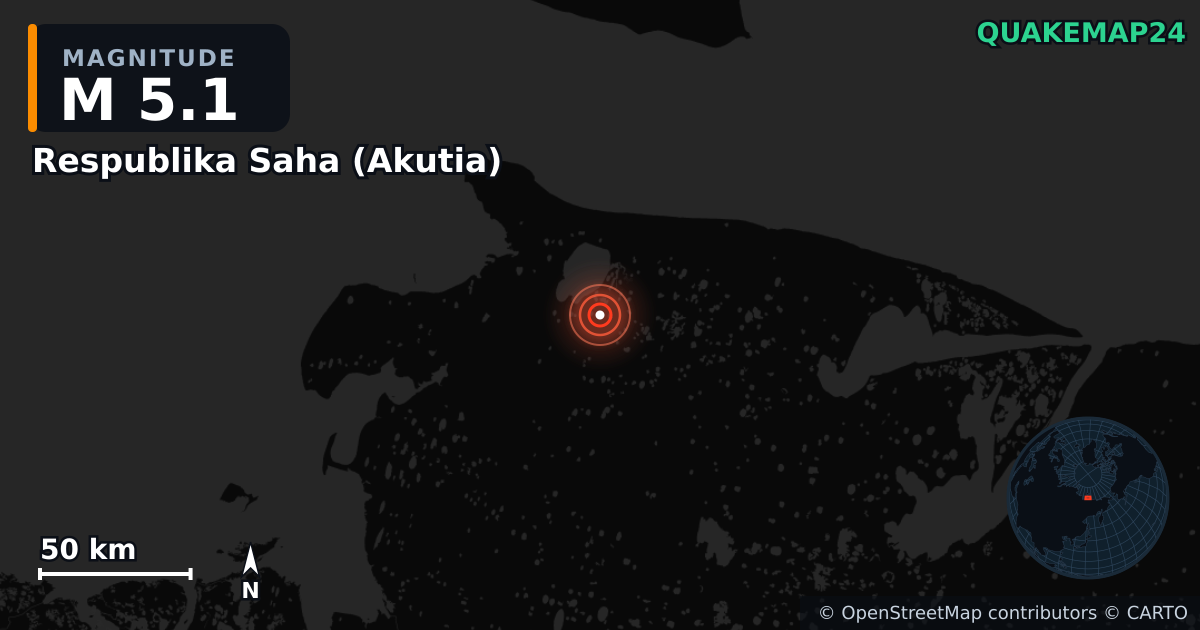 M5.1 earthquake near Respublika Saha (Akutia) on Jun 28, 2025 — map of epicenter and shaking intensity | QuakeMap24