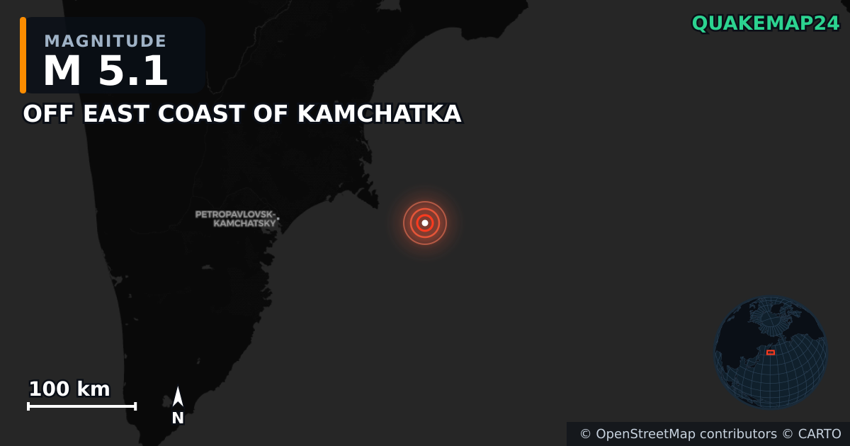 M5.1 earthquake near OFF EAST COAST OF KAMCHATKA on Sep 19, 2025 — map of epicenter and shaking intensity | QuakeMap24