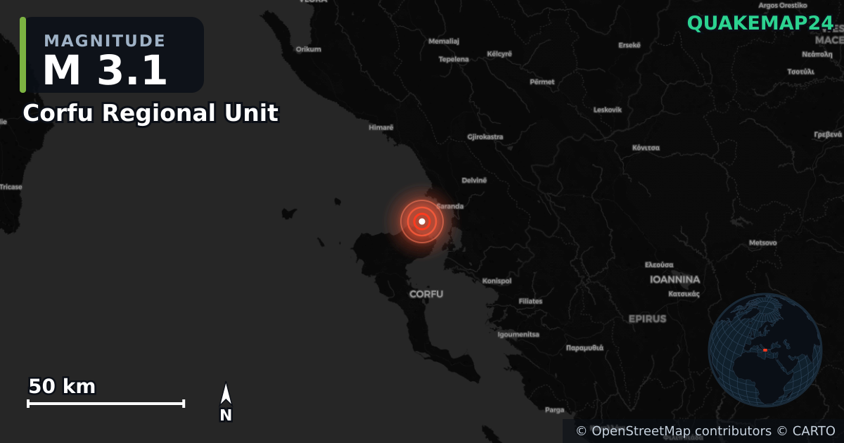 Σεισμός M3,1 κοντά στο Corfu Regional Unit, Ioanian Islands (Ελλάδα) · 2026-09-12 — Χάρτης της θέσης του επικέντρου