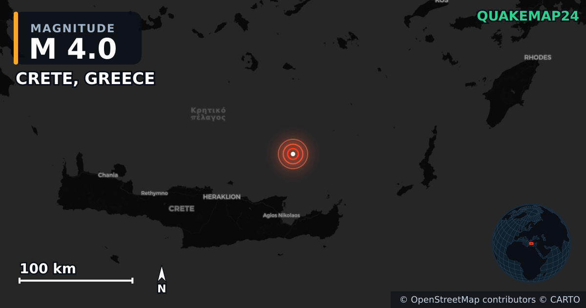 M4.0 earthquake near CRETE, GREECE on Aug 27, 2025 — map of epicenter and shaking intensity | QuakeMap24