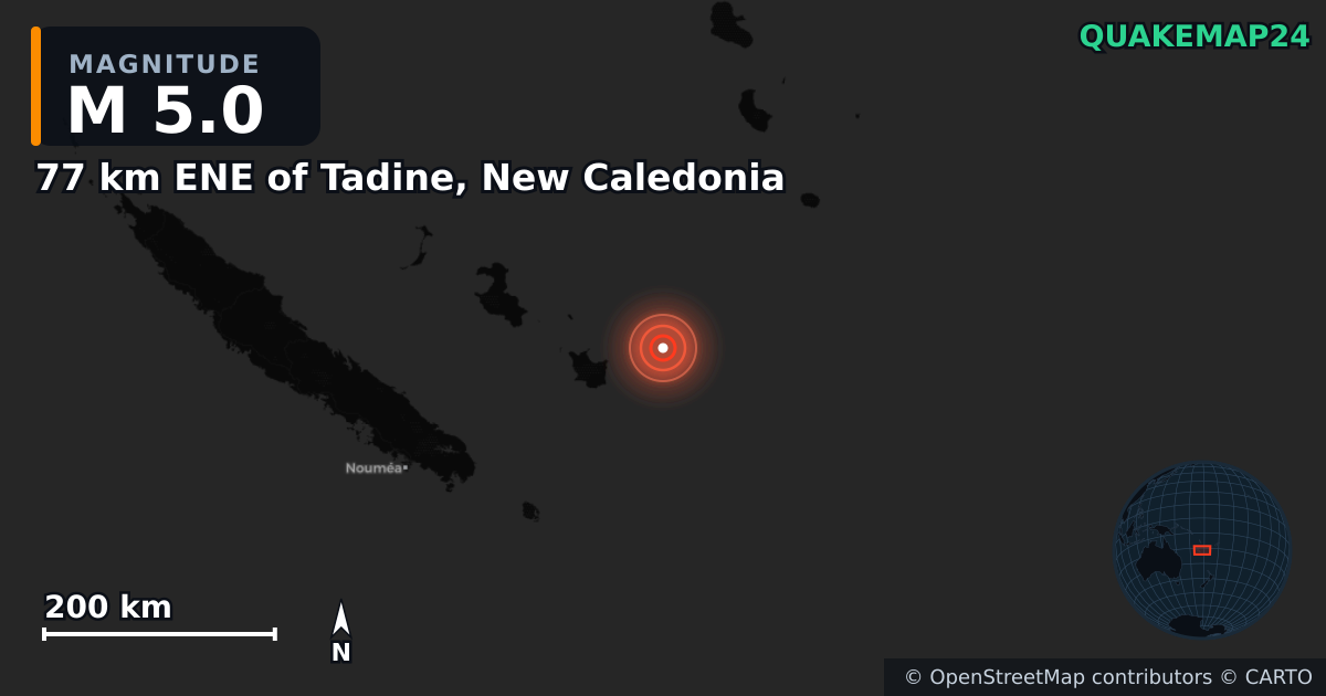 Séisme de M5,0 près de 77 km ENE of Tadine, New Caledonia · 2026-09-29 — Carte de localisation de l’épicentre