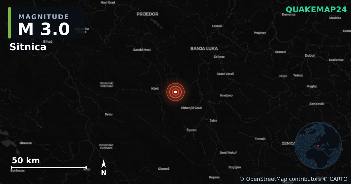M3.0 earthquake near Sitnica on Jul 8, 2026 — map of epicenter and shaking intensity | QuakeMap24
