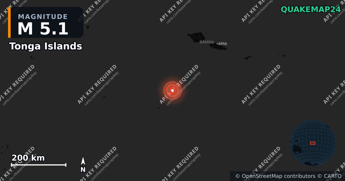 M5.1 earthquake near Tonga Islands on Feb 13, 2026 — map of epicenter and shaking intensity | QuakeMap24