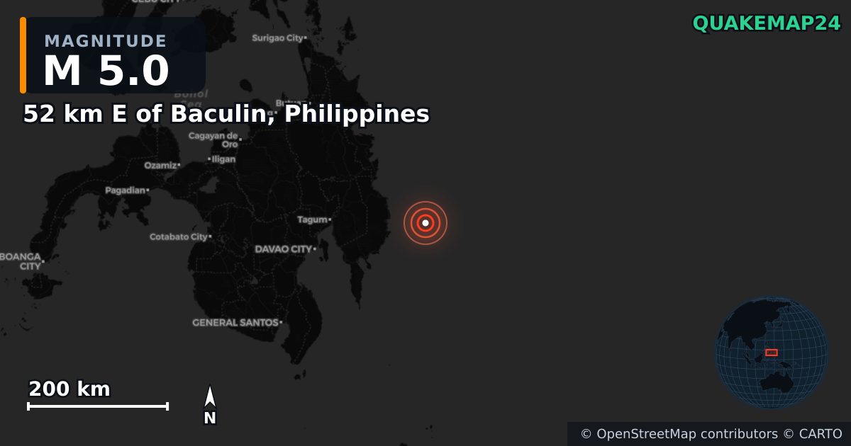 M5.0 Earthquake near 52 km E of Baculin, Philippines · 2025-10-10 — Map showing the location of the epicenter