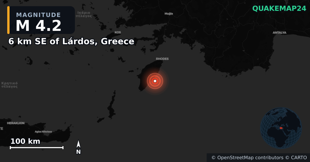 M4.2 earthquake near 6 km SE of Lárdos, Greece on Jan 6, 2025 — map of epicenter and shaking intensity | QuakeMap24