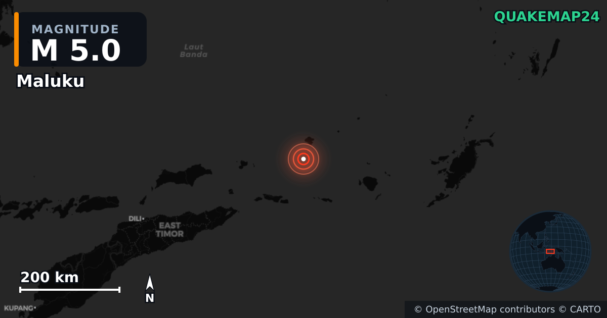 M5.0 earthquake near Maluku on Jan 19, 2026 — map of epicenter and shaking intensity | QuakeMap24