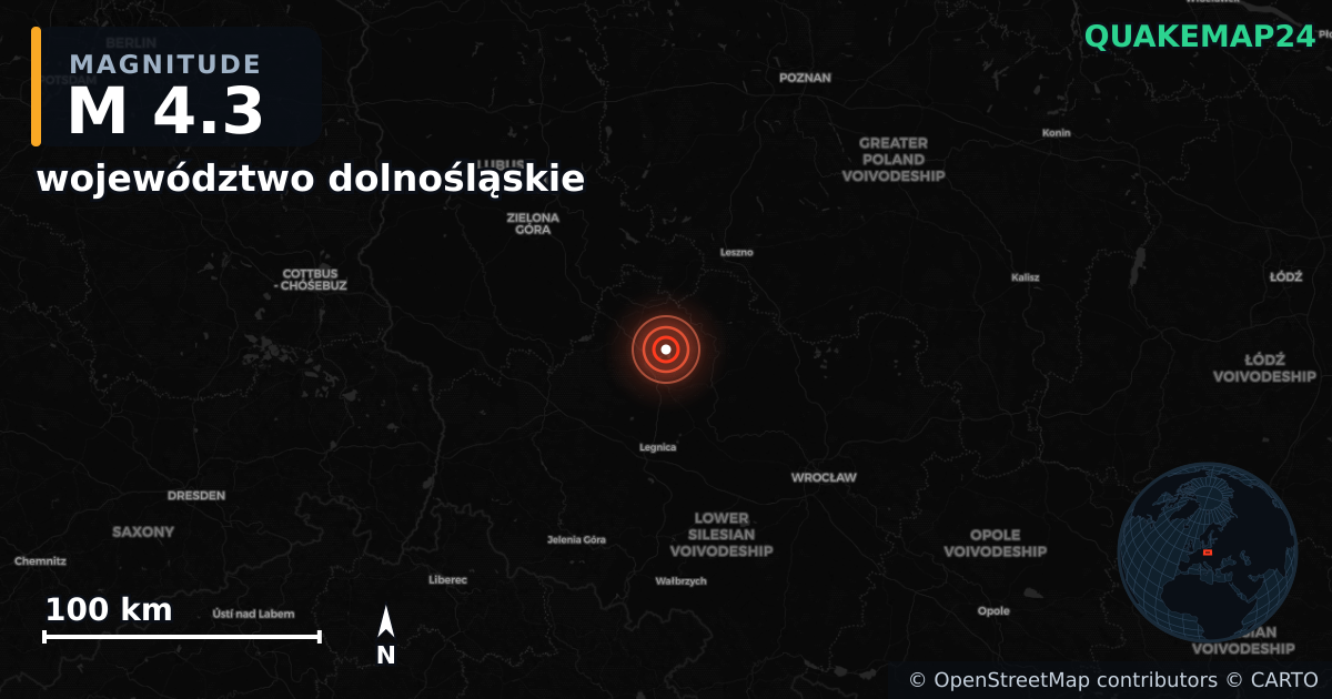 M4.3 earthquake near województwo dolnośląskie on Aug 13, 2025 — map of epicenter and shaking intensity | QuakeMap24