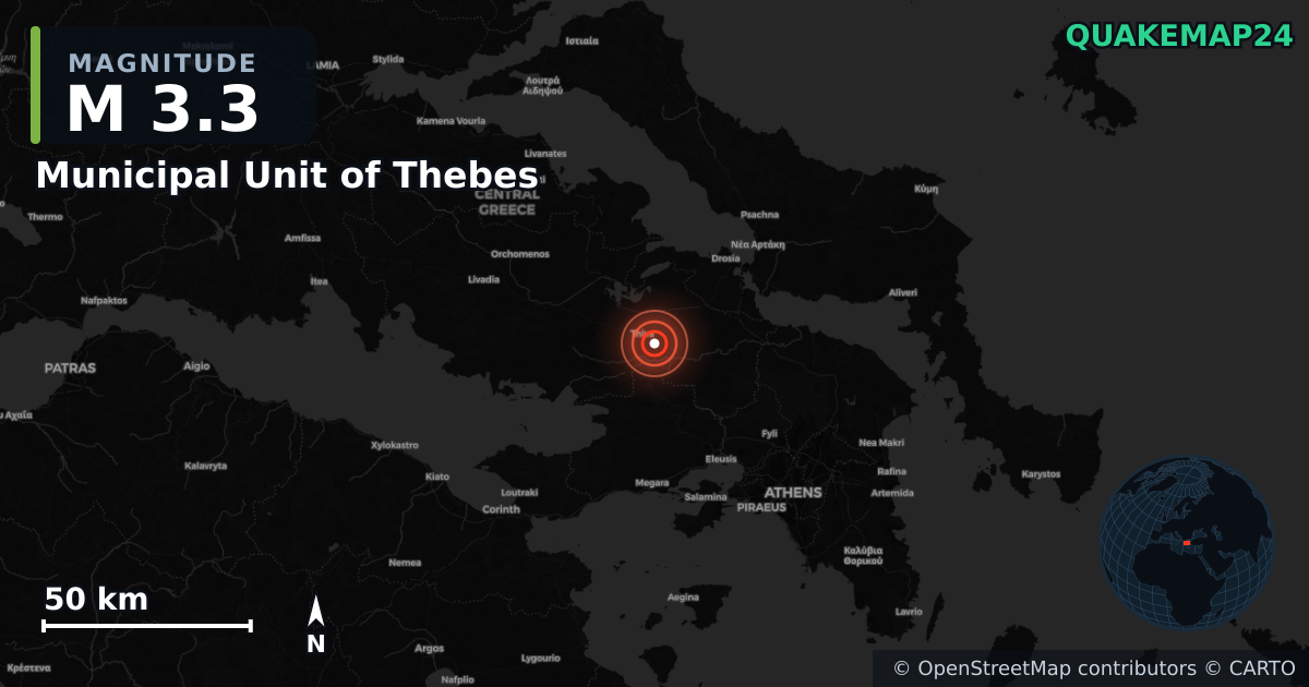 Σεισμός M3,3 κοντά στο Municipal Unit of Thebes, Central Greece (Ελλάδα) · 2026-09-30 — Χάρτης της θέσης του επικέντρου