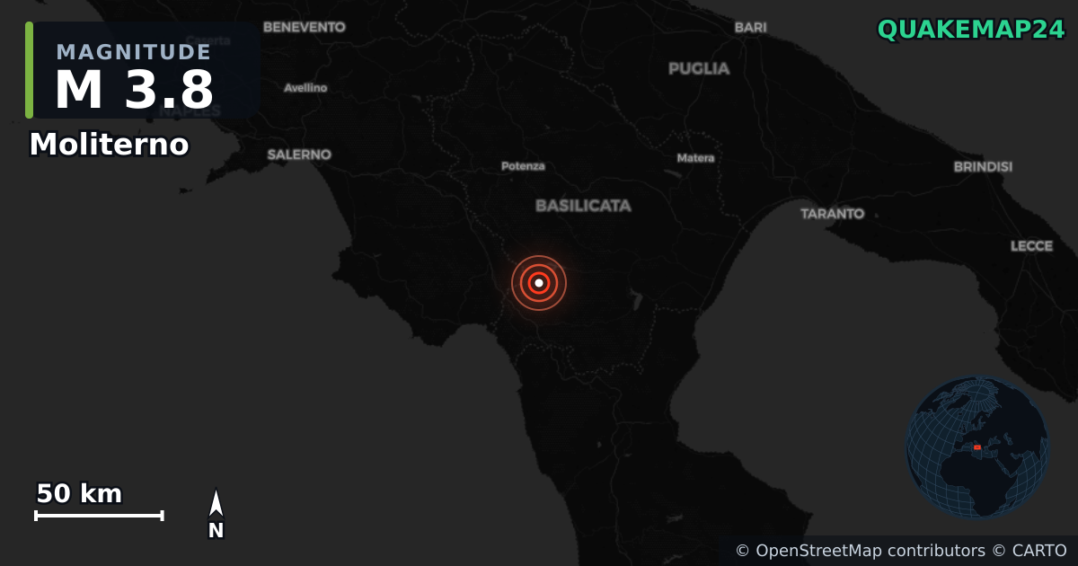 M3.8 earthquake near Moliterno on Dec 7, 2025 — map of epicenter and shaking intensity | QuakeMap24
