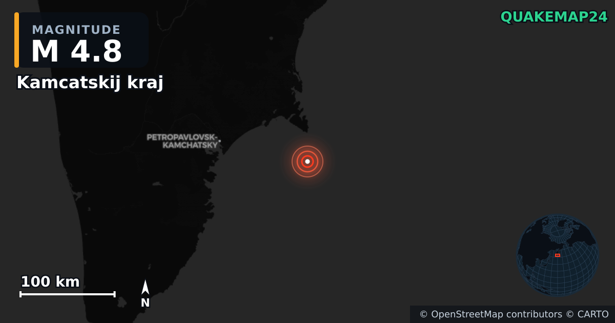 M4.8 earthquake near Kamcatskij kraj on Sep 18, 2025 — map of epicenter and shaking intensity | QuakeMap24