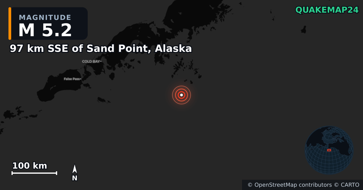 97 km SSE of Sand Point, Alaska yakınında M5,2 deprem — Deprem merkez üssünün konumunu gösteren harita