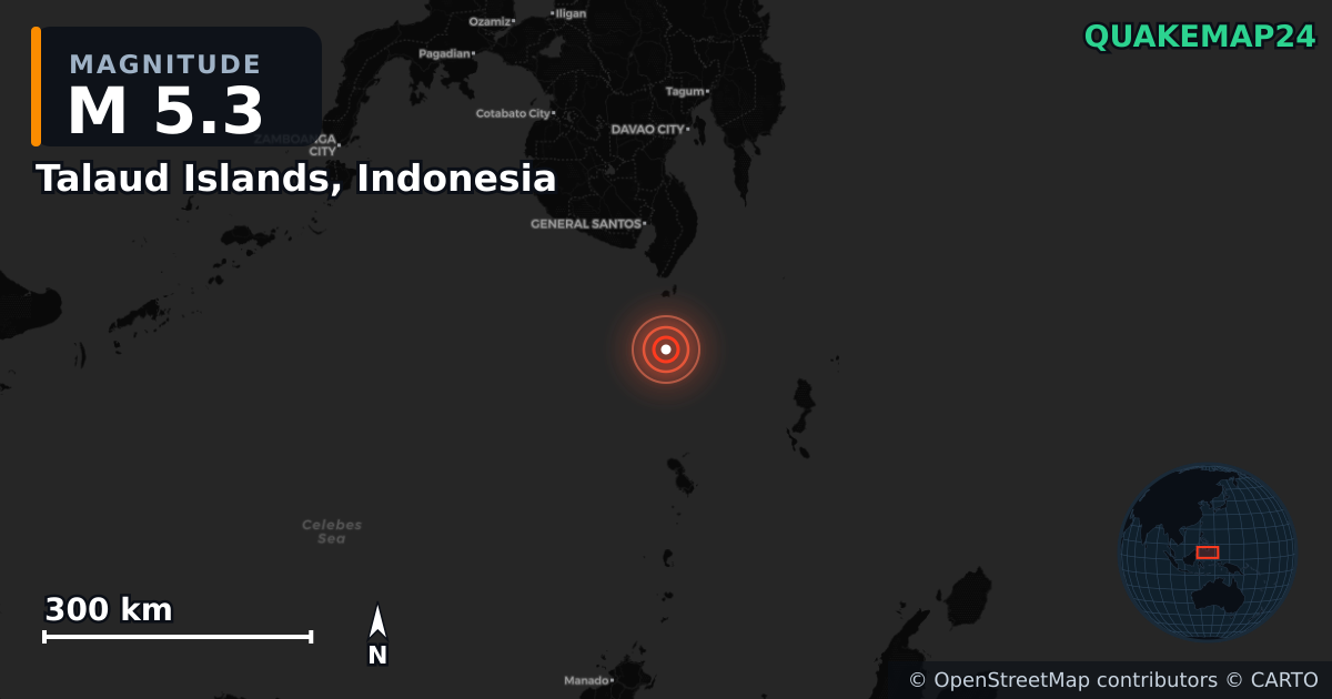 M5.3 earthquake near Talaud Islands, Indonesia on Jun 8, 2026 — map of epicenter and shaking intensity | QuakeMap24