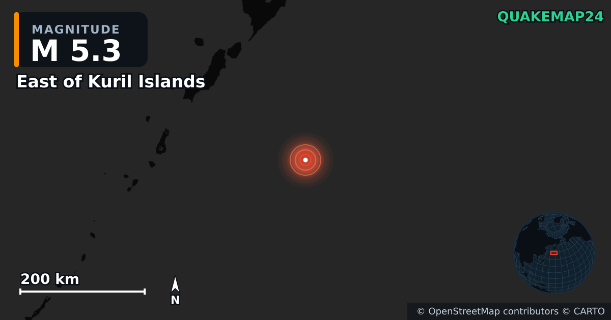 M5.3 earthquake near East of Kuril Islands on Jul 31, 2025 — map of epicenter and shaking intensity | QuakeMap24