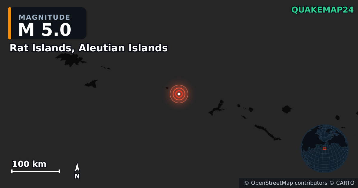 Σεισμός M5,0 κοντά στο Rat Islands, Aleutian Islands — Χάρτης της θέσης του επικέντρου