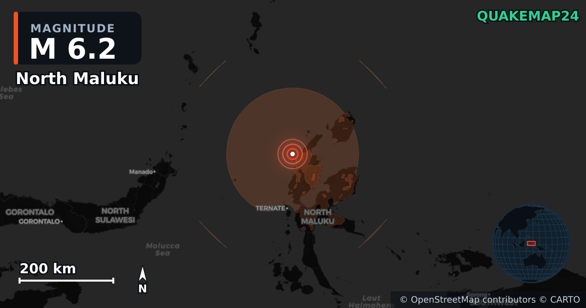 M6.2 earthquake near North Maluku on Jul 3, 2026 — map of epicenter and shaking intensity | QuakeMap24