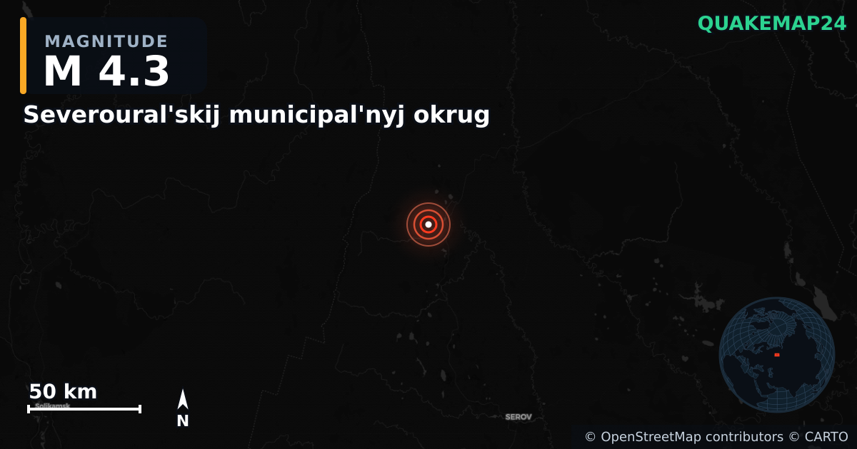 M4.3 earthquake near Severoural'skij municipal'nyj okrug on May 5, 2026 — map of epicenter and shaking intensity | QuakeMap24