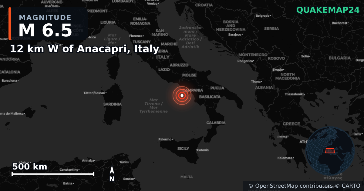 M6.5 earthquake near 12 km W of Anacapri, Italy on Mar 9, 2026 — map of epicenter and shaking intensity | QuakeMap24