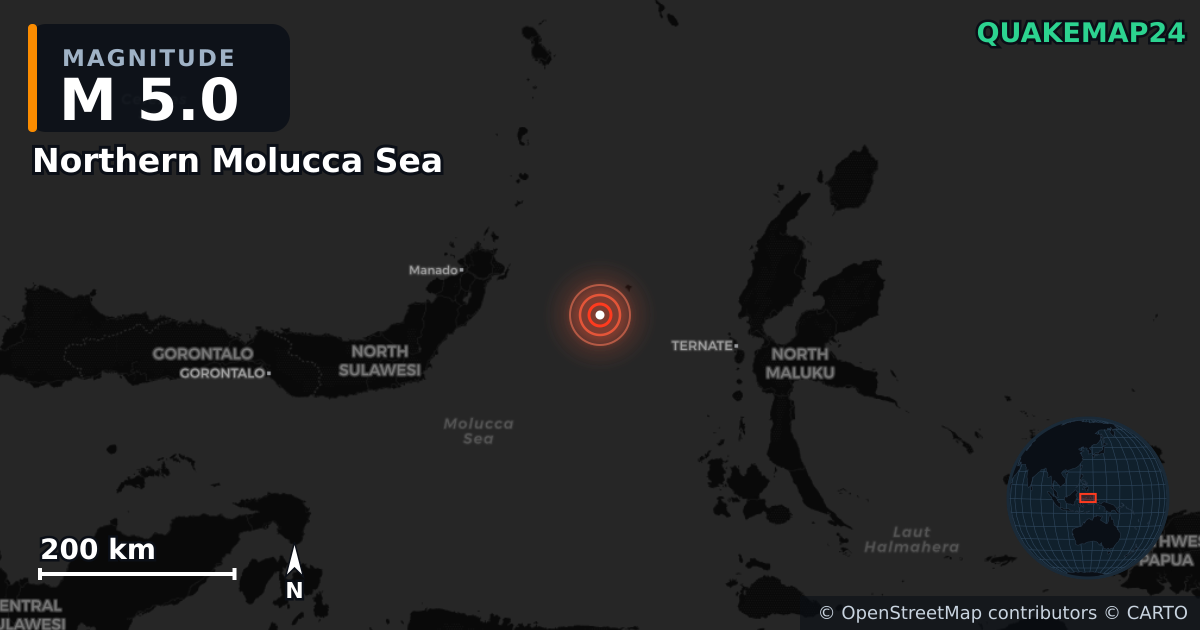 Erdbeben M5,0 bei Northern Molucca Sea — Karte der Lage des Epizentrums