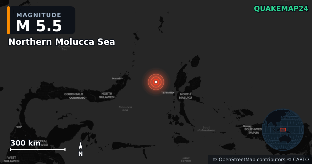 Erdbeben M5,5 bei Northern Molucca Sea — Karte der Lage des Epizentrums