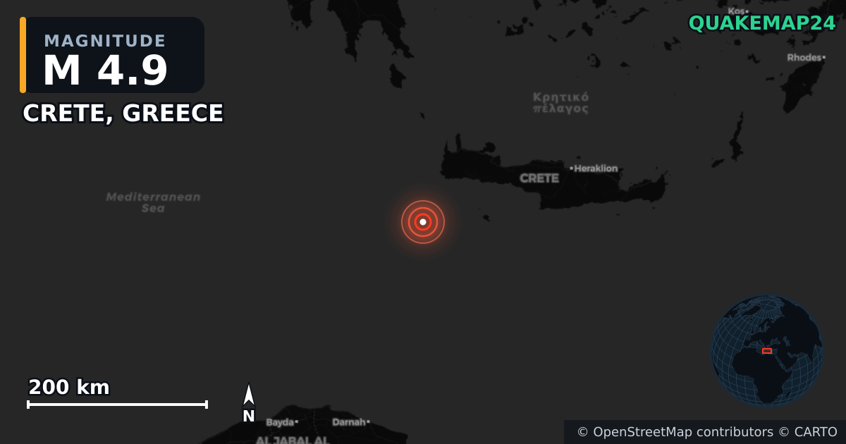 M4.9 earthquake near CRETE, GREECE on Jun 20, 2025 — map of epicenter and shaking intensity | QuakeMap24