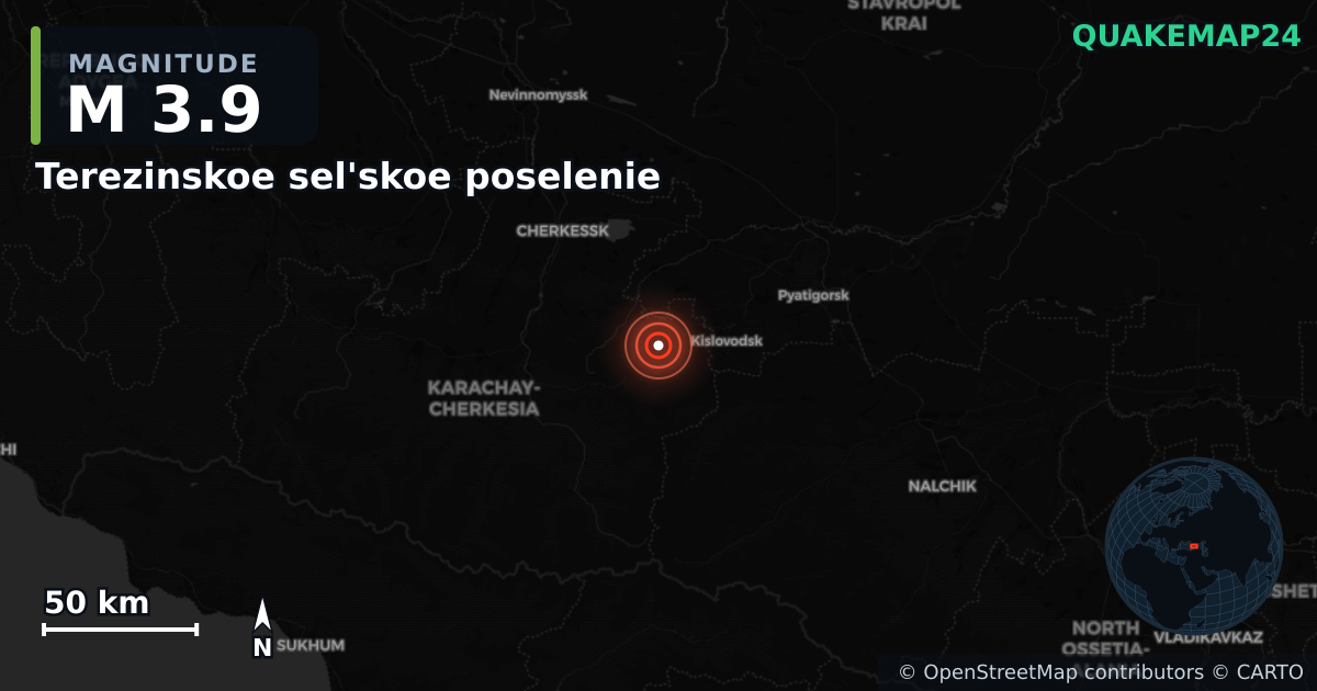 M3.9 earthquake near Terezinskoe sel'skoe poselenie on Jul 16, 2026 — map of epicenter and shaking intensity | QuakeMap24