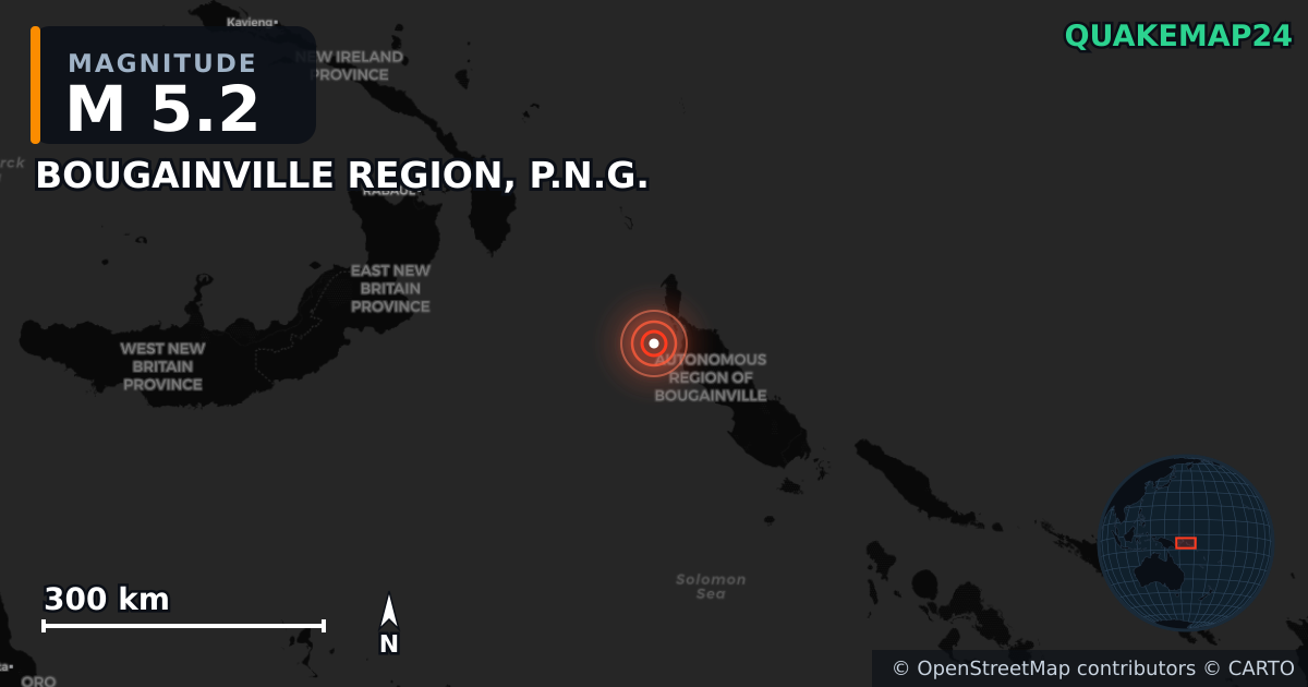 Erdbeben M5,2 bei BOUGAINVILLE REGION, P.N.G. · 2026-05-06 — Karte der Lage des Epizentrums
